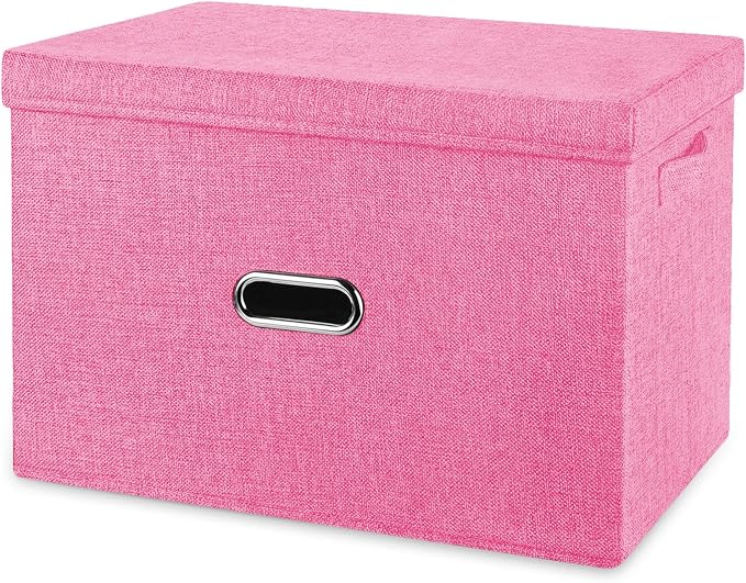 Large Linen Fabric Foldable Storage Bins with Removable Lid and Handles, Washable Storage Box Organizer Containers Baskets Cube with Cover for Bedroom,Office(Pink, XXL)