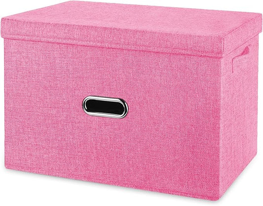 Large Linen Fabric Foldable Storage Bins with Removable Lid and Handles, Washable Storage Box Organizer Containers Baskets Cube with Cover for Bedroom,Office(Pink, Small)