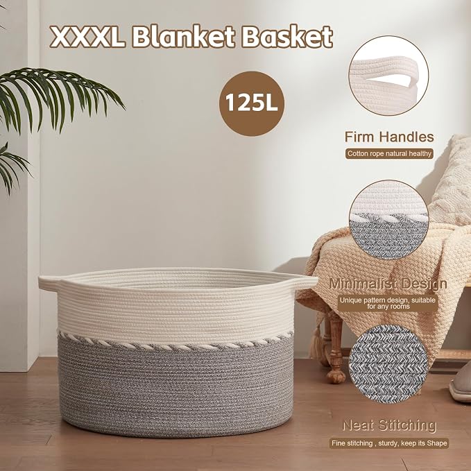OIAHOMY 125L Extra Large Blanket Basket, 25" x 16", Jumbo Laundry Hamper, Cotton Rope Basket with Handles for Living Room,Baby Toy Basket for Storage, Grey