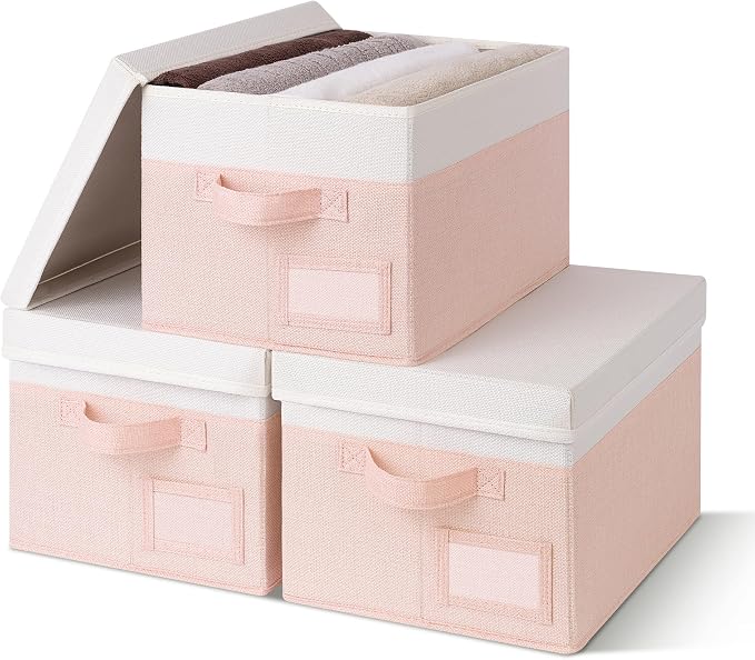 GRANNY SAYS Storage Bins with Lids, Storage Boxes for Organizing, Storage Baskets with Label, Closet Organizers and Storage, Storage Bins for Shelves, Decorative Storage Boxes, 3-Pack, Pink&Ivory