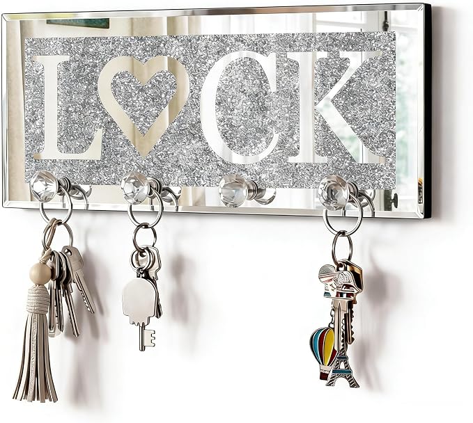 SHYFOY Crystal Clear Hooks Key Holder Key Hanger, Sparkly Mirrored Home Letters Plaque Sign for Decor, Silver Mirror Decoration Wall Art for Entryway Hallway Living Room, Lock Letter