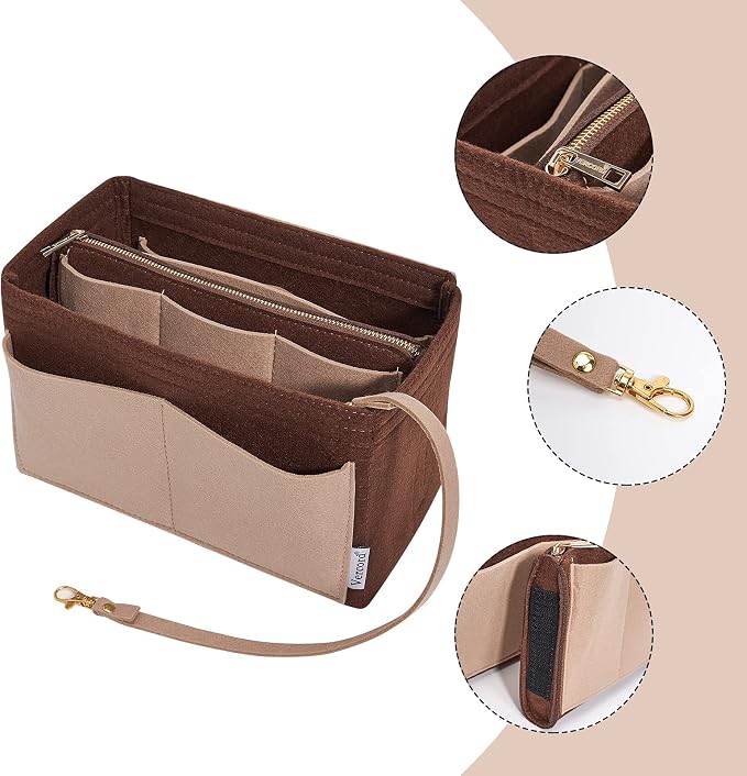 Vercord Felt Organizer Insert For Purse Handbag Tote Bag In Bag Inside Shaper Divider Neo Coffee & Beige Small