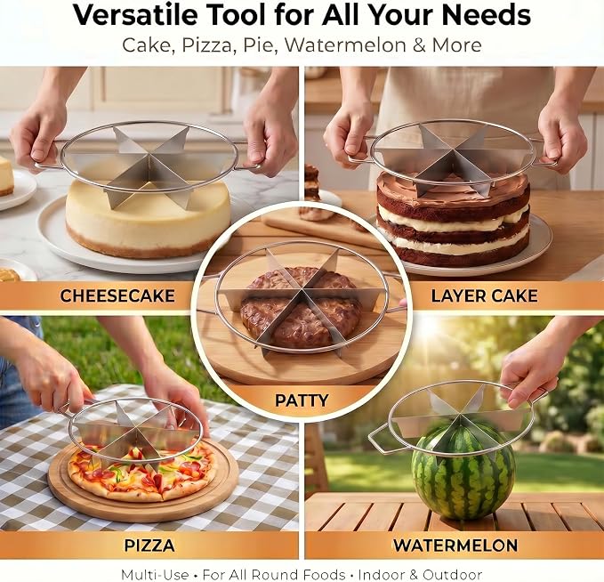 CTESNE【Non Stick Cake Cutter】6-Piece Stainless Steel Cake Cutter, Pie Cutter with Side Handles, Cake Slicer for Even Slices,Kitchen Baking Tool (11" Diameter)