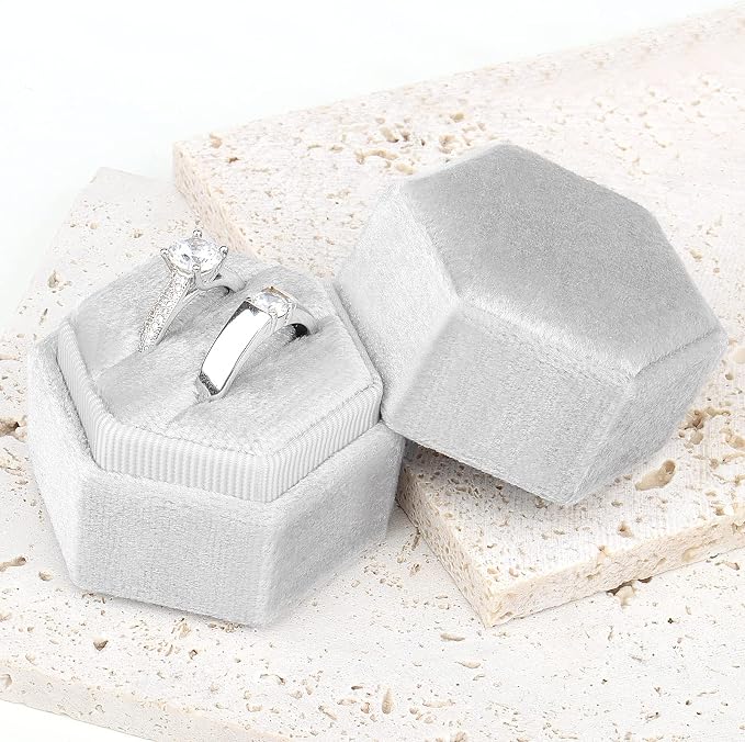DesignSter Hexagon Velvet Ring Box - Premium Gorgeous Vintage Double Ring Display Holder with Detachable Lid for Proposal, Engagement, Wedding, Ceremony (Silvery Grey)
