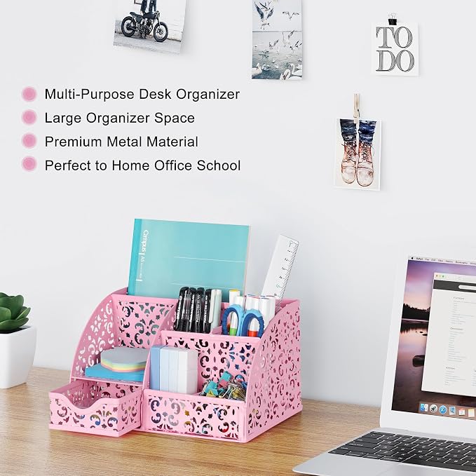 EasyPAG Desk Organizer and Pen Holder for Desk, Mesh Office Supplies Storage Caddy with Drawer for Small Space, Desktop Organizer for Home Office, Pink