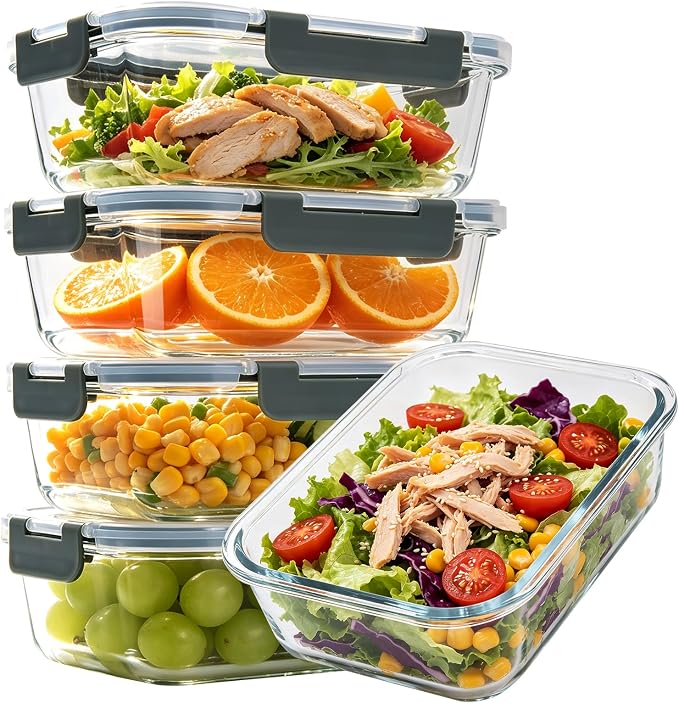 5 Pack 36oz Glass Storage Containers with Lids, Glass Meal Prep Food Container Sets with Snap Airtight Lid for Microwave, Oven, Freezer and Dishwasher, Grey