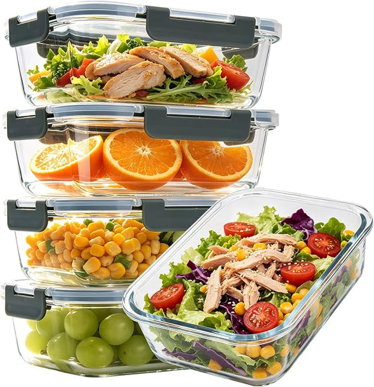 5 Pack 36oz Glass Storage Containers with Lids, Glass Meal Prep Food Container Sets with Snap Airtight Lid for Microwave, Oven, Freezer and Dishwasher, Grey