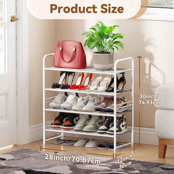 Simple Shoe Rack, 4 Tier Heavy Duty Metal Shoe Shelf 27 Inch Wide, White