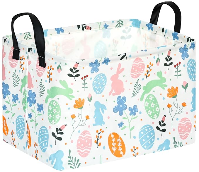 Rectangular Easter Basket Storage Bin for Shelves Cute Gifts Baskets Foldable Box with Handles for Boy and Girl Home Office Car Dormroom Easter Party Supplies