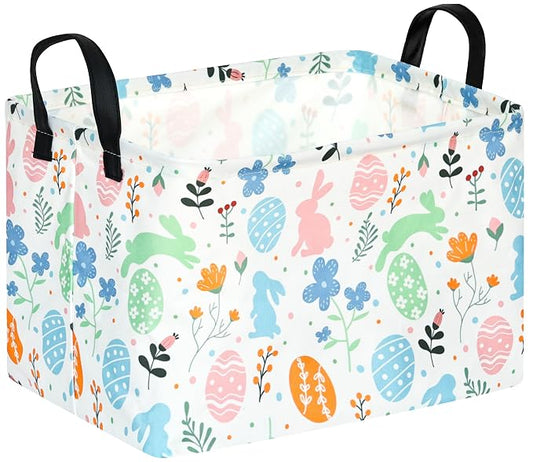 Rectangular Easter Basket Storage Bin for Shelves Cute Gifts Baskets Foldable Box with Handles for Boy and Girl Home Office Car Dormroom Easter Party Supplies