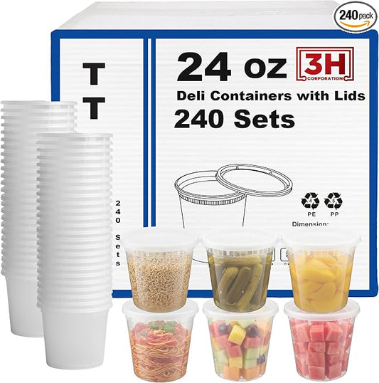 24 oz Food Storage Containers with Lids (240 Set/480 Piece) Deli Soup Containers, Freezer Microwave Safe, BPA-Free Plastic, Stackable Snack Leakproof Leftover Organizers & To-Go