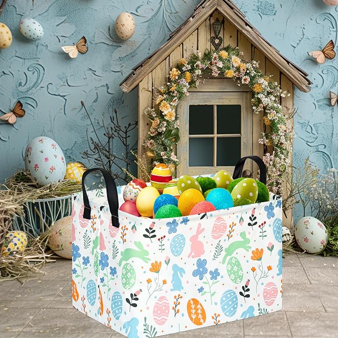 Rectangular Easter Basket Storage Bin for Shelves Cute Gifts Baskets Foldable Box with Handles for Boy and Girl Home Office Car Dormroom Easter Party Supplies