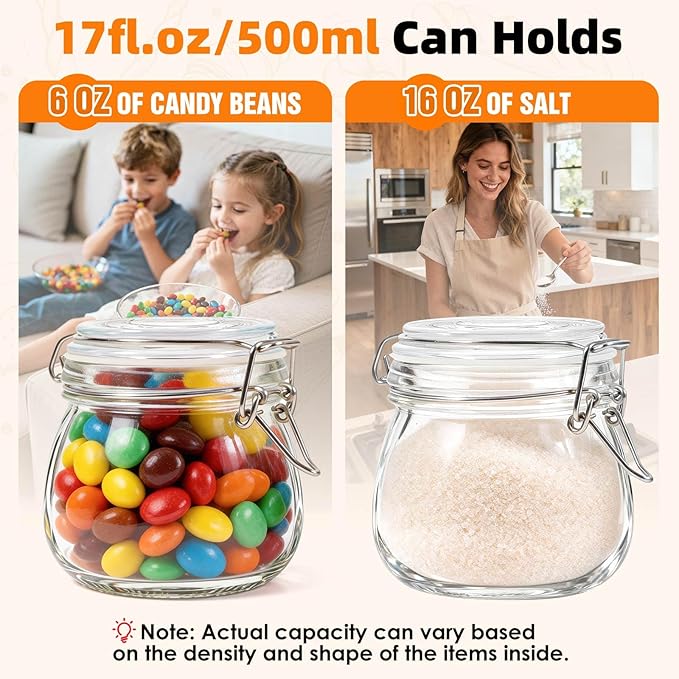 SKOCHE 17oz Glass Jars with Airtight Lids 6 Pack, Air Tight Glass Storage Jar, Leakproof 17 oz Jars with Seal Wire Clips for Pickling, Kitchen, Canning Jam, Food Storage, Preserving Nuts and Snacks
