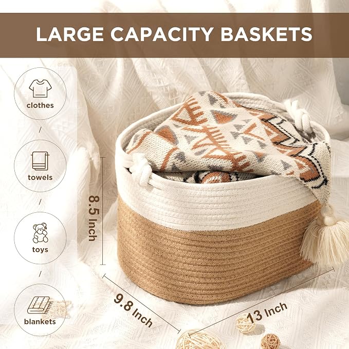 Temary Woven Storage Baskets, Set of 3 Rope Baskets for Storage Clothes, Towels, Versatile Boho Storage Bins (Jute, 13"x9.8"x8.5")