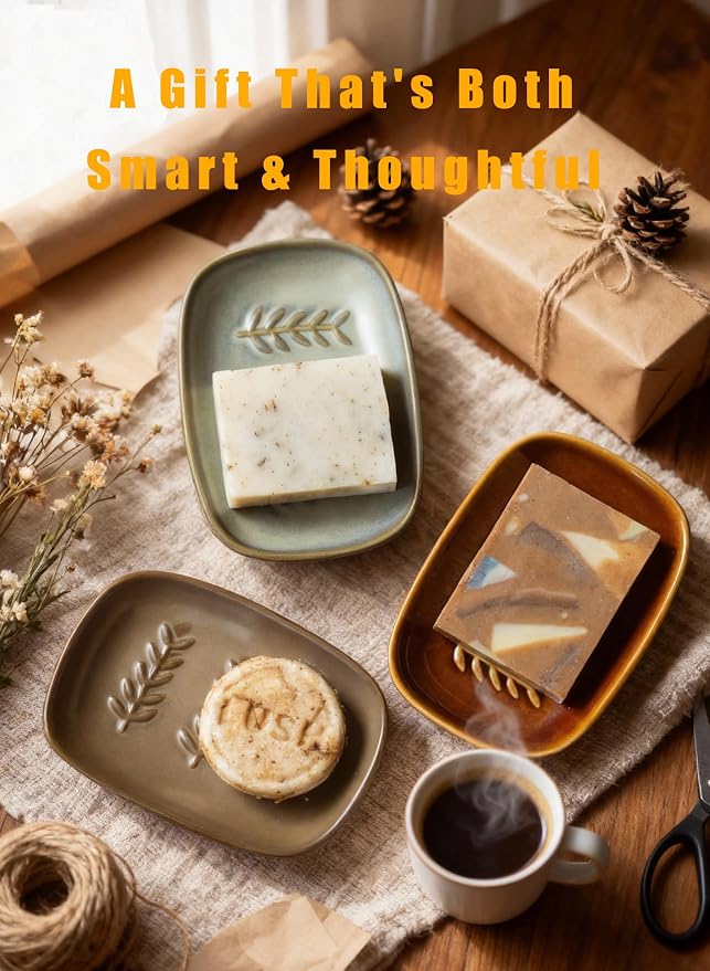 Miamolo Ceramic Soap Dish Bar Soap Holder for Shower, Soap Dishes for Bar Soap Sponge, Shower Soap Saver Tray for Bathtub Bathroom Kitchen Sink, Housewarming Gift, Pro-Environment, Dark Green