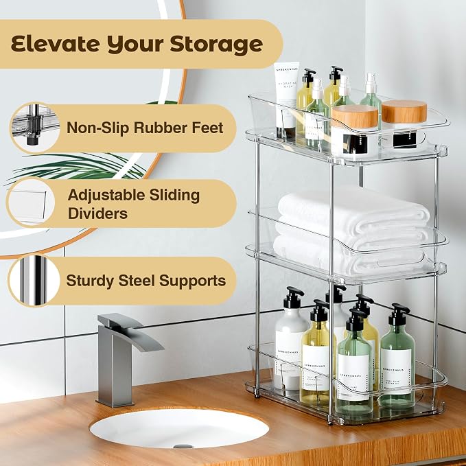 incostar 2 Sets of 3-Tier Bathroom Under Sink Organizers | Pull-Out Storage, With Dividers, Slide-Out Clear Storage, For Cupboard Bathroom Vanities Cabinet