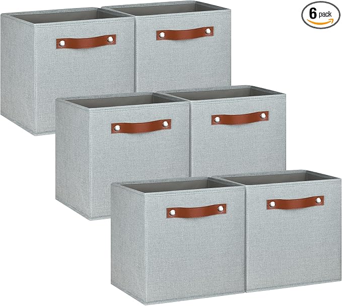 11 Inch Cube Storage Bin - 6 Pack - Linen Fabric 11x11 Cube Storage Bins for Bedroom, Living Room, Clothes and Toys; Foldable, Dual Leather Handles