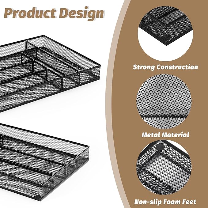 Sedegn Silverware Organizer Metal Mesh, Large Drawer Organizer, Utensil Cutlery Tray for kitchen drawers, Flatware Organizer with 6 Compartment, Black (11.3”*16“)
