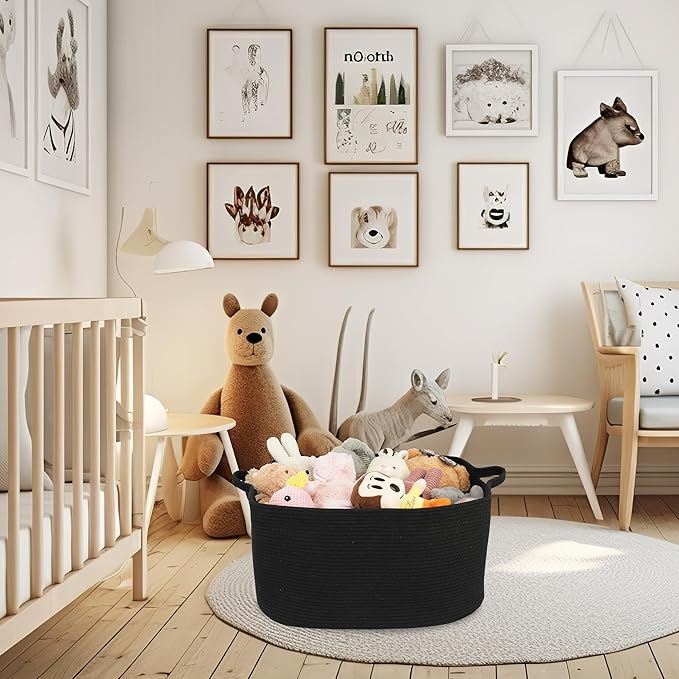 XUANGUO Large Rectangle Blankets Basket Living Room 22"x17"x12" Woven Cotton Rope Storage Baskets for Nursery Toy Baskets for Kids and Dogs Wicker Laundry Basket Bin for Clothes Towels black