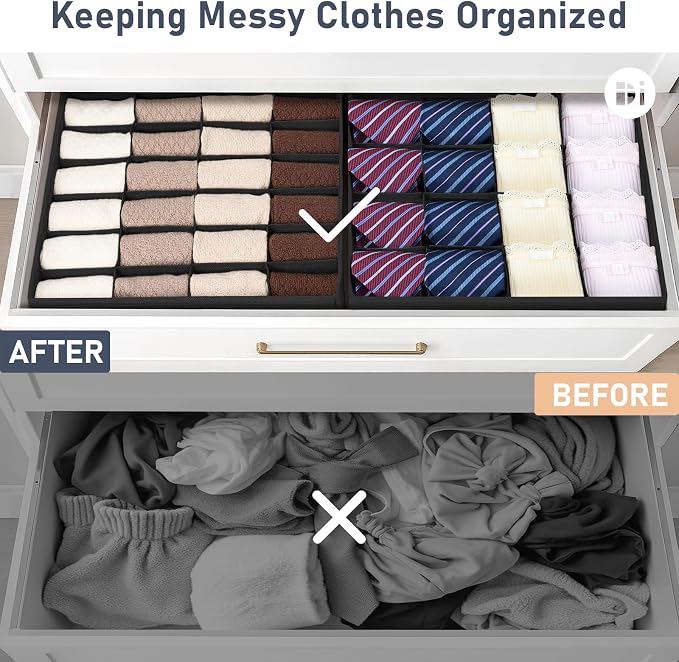 Joyoldelf Sock Drawer Organizer Divider 4 Packs Underwear Organizer, 2 x 24 Cell + 2 x 16 Cell Closet Organizers and Storage Sock Holders for Storing Socks, Handkerchiefs, Ties, Belts (Black)