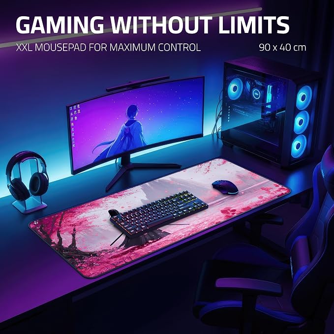 XXL Anime Gaming Mouse Pad 35.4 x 15.7 inch - Water-Resistant & Stitched Edges - Large XL Mousepad for Desk - Gamer Accessories Big Full Deskpad Mat Game Mousepads Deskmat