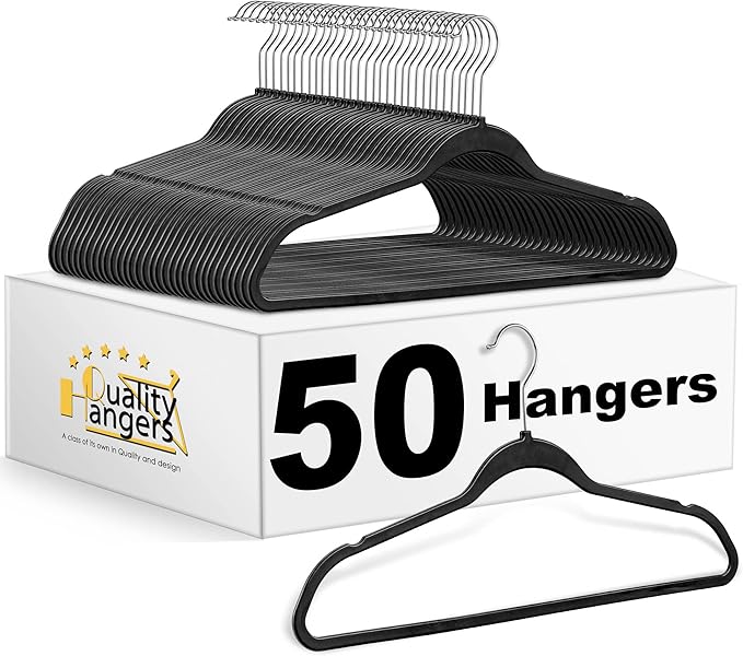 Quality Hangers 50 Pack Plastic Hangers for Clothes - Slim Non-Velvet Hangers with 360° Swivel Chrome Hook & Non Slip Notches - Ideal for Dresses Coats Shirts Jackets & More - Black