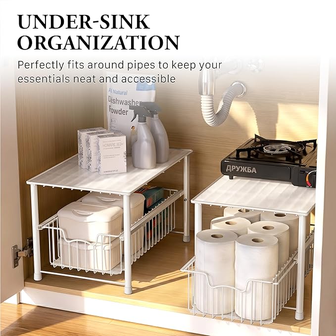 Simple Houseware Stackable Under Sink Cabinet Sliding Basket Organizer Drawer, White