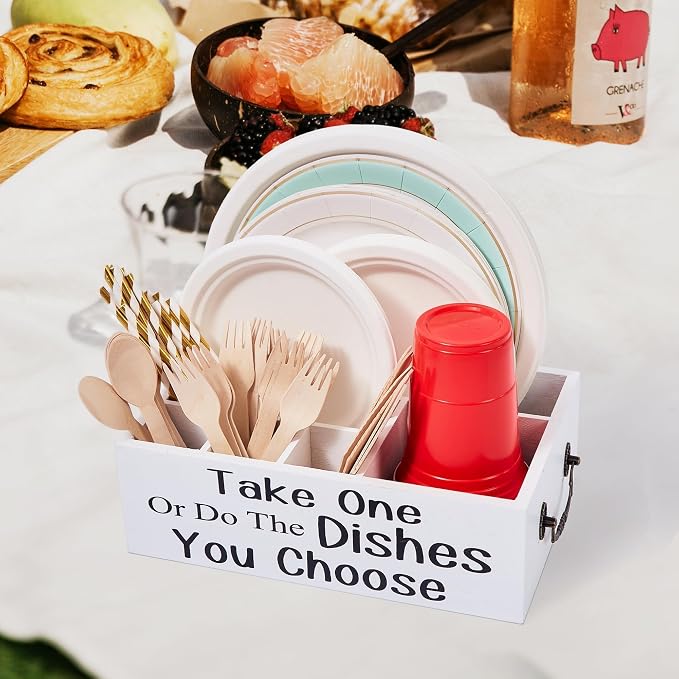 Small Paper Plate Holder,Wood Silverware Dispenser for Cups,Forks