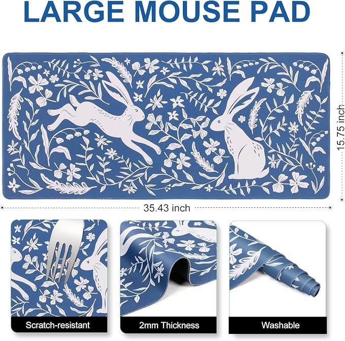 L-SPOUTTO Blue Floral Desk Mat for Keyboard and Mouse,Boho XXL Gaming Mouse Pad,Large 35.4x15.7in Non-Slip Rubber Base Keyboard Pad Waterproof Desktop Mat for Laptop Computer Work Home Office-Rabbits