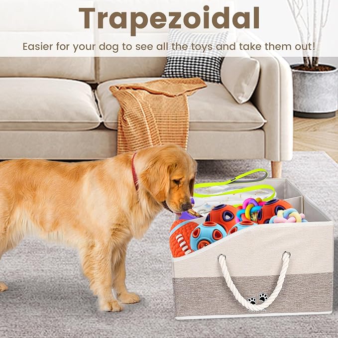 Large Dog Toy Basket with Handle, Foldable Dog Toy Box for Living Room Area , 28.5" Basket for Dog's Supplies, Organizer and Storage with Hard Board, Anti-Slip for Pet Toys (Brown, Large 28.5"×15")