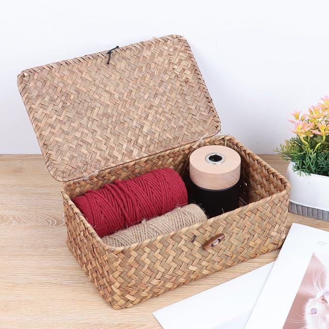 FEIALNDUO Wicker Shelf Baskets with Lid,Seagrass Storage Basket Bins Rectangular Handwoven Basket Boxes for Shelves Desktop Home Organizer (Coffee, Small)