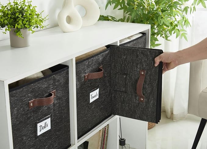 DECOMOMO Storage Bins, Storage Baskets for Shelves | 13" x 15" x 13" Storage Cube Bins with Labels for Organizing Shelves (Kallax, 4pcs, Black Pattern)