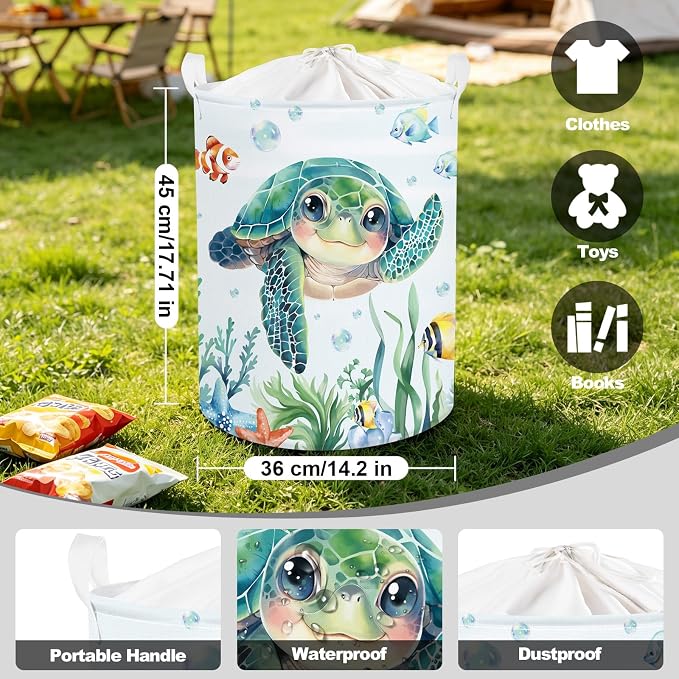 Clastyle Large Fish Sea Turtle Baby Basket Ocean Coral Seaweed Starfish Toy Book Shelf Basket Waterproof Pool Toy Beach Towel Storage Bin Collapsible Dirty Clothes Hamper, Blue, 36 * 45 cm