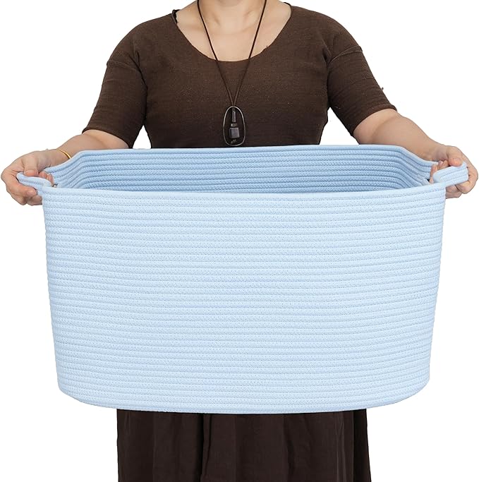 XUANGUO Large Cotton Rope Storage Basket for Blankets, 22" x 17" x 12" Rectangle Woven Basket Bin for Living Room, Nursery, Kids & Dog Toys, Laundry basket for Clothes & Towels,Gift basket Blue