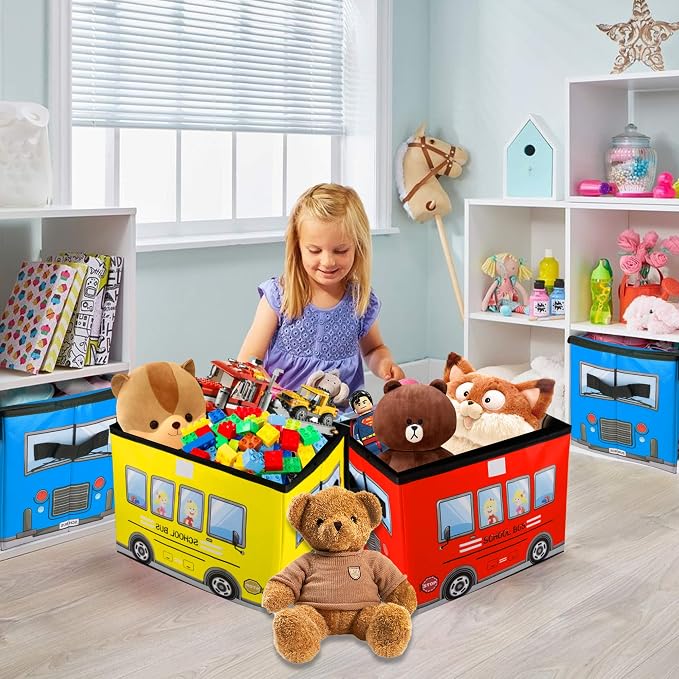 Kids Toy Chest,Collapsible Storage Cubes Organizer with Handles, Kids Toy Bin with Lids, School Bus Pattern Toy Storage Organizer for Playroom, Closet, Living Room, Kids Birthday Gifts,3 Packs