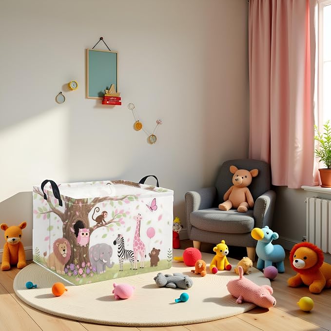 Rectangular Baby Kids Storage Basket for Home Kitchen Girls Cute Storage Bin Organizer Shelf Book Room Decor(Pink Animal)