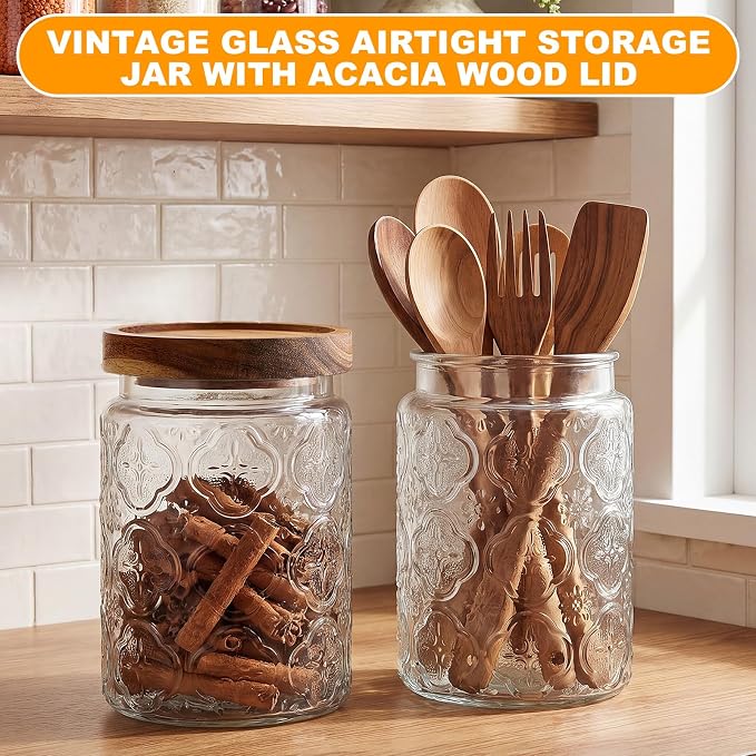 LemonRoad 4 Pcs Vintage Clear Glass Storage Jars 23.7 oz Mason Jar Canister with Wood Lids Food Storage Container for Cookie, Pantry, Candy Kitchen, Coffee, Tea, Flour, Sugar, Decorative Home Decor