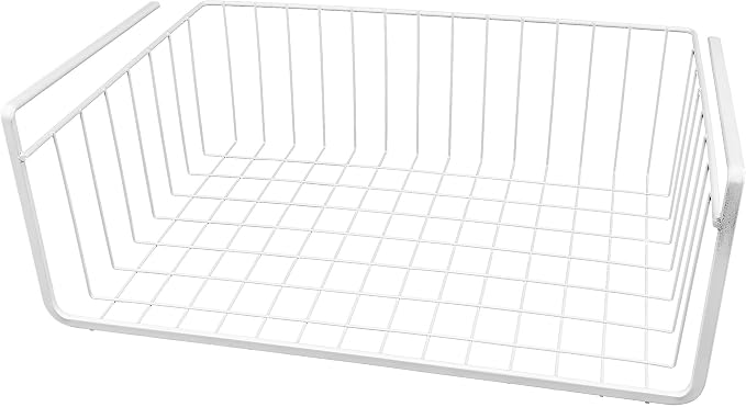 15-Inch Easy Install White Wire Under-Cabinet Hanging Basket Shelf Organizer – Storage Rack for Kitchen, Pantry, and Bathroom
