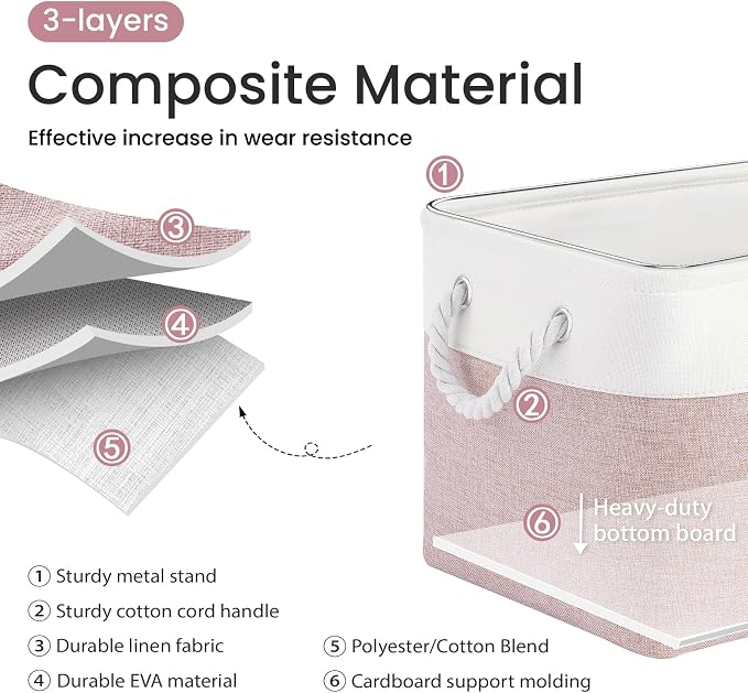 15x11x10 In Foldable Fabric Large Storage Bins with Handle 6 Pack | Organizer Baskets, Sturdy Metal Strand, Cardboard Support Molding, Storage Baskets for Shelves, Closet, Bedroom, White/Pink