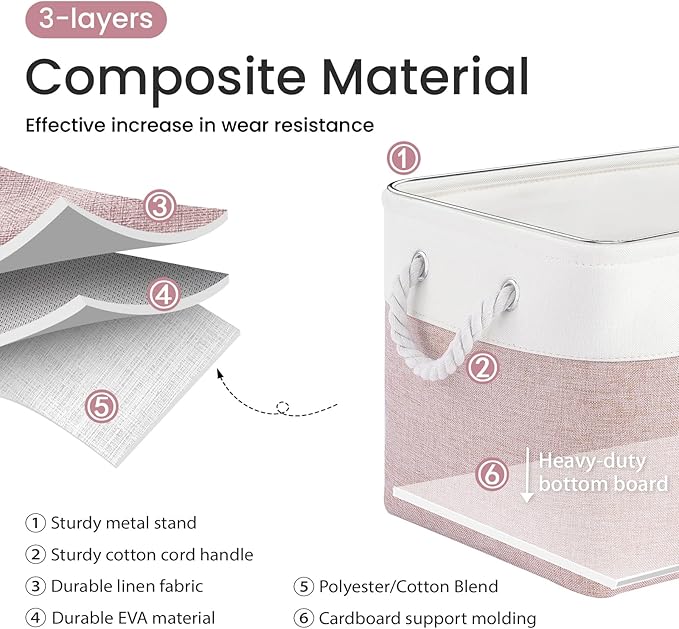 Large Storage Baskets- 15x11x10 inch Storage Bins for Shelves and Closet Organizing, Foldable Fabric Bin for Home Organization Clothes and Laundry (3-Pack, White&Pink)