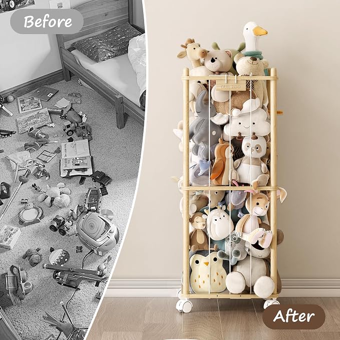 EXPERLAM Stuffed Animal Storage Zoo with Wheels,Montessori-Inspired Solid Pine Wood Plush Toy Organizer,Stuffed Animal Holder with Thick Elastic Cords for Kids Room,Nursery and Bedroom,Small