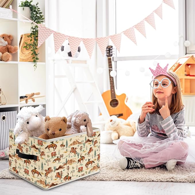 Boho Western Cowboy Storage Bin Box with Handles, Neutral Beige Desert Cactus Horse Foldable Organizer Basket Toybox for Home Kids Bedroom Bathroom Clothes Toys Books