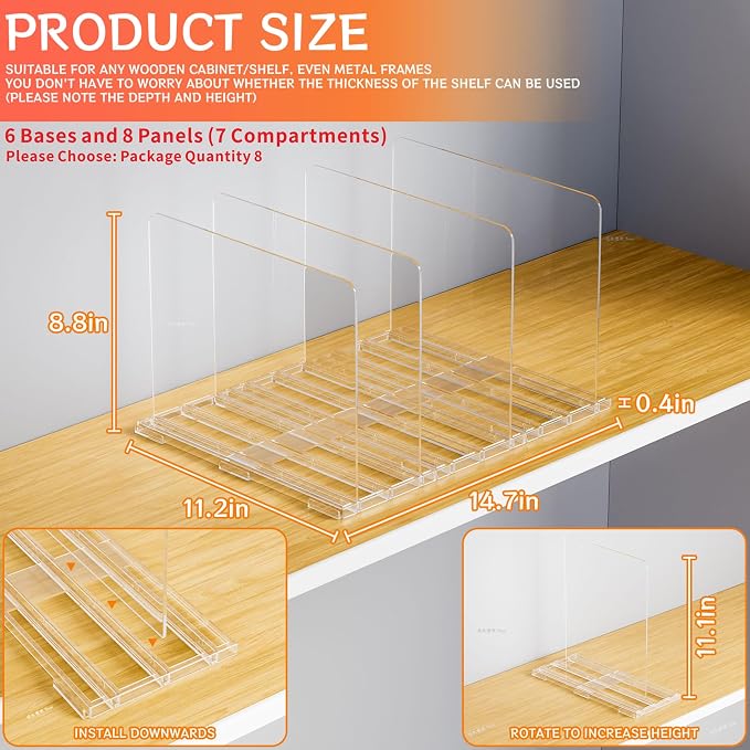 Yieach Clear Acrylic Shelf Dividers for Closet Organization,8 Pack Adjustable Bags,Clutch,Purse Organizer and Storage,Handbag Organizer for Closets,Purse Divider,8.8″ Tall Sweater,Tshirt,Towel Divider