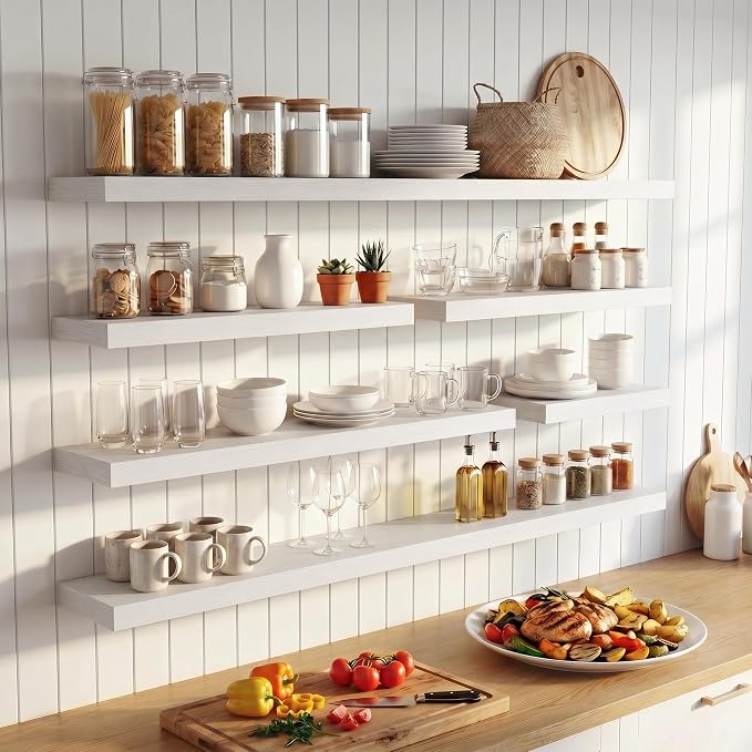 FLYJOE 32 Inch Floating Shelves for Wall Set of 2, 6.5" D Wood Grain Bathroom Shelves with Invisible Brackets, Easy Install Engineered Wood Storage Shelves for Kitchen, Living Room, Bedroom