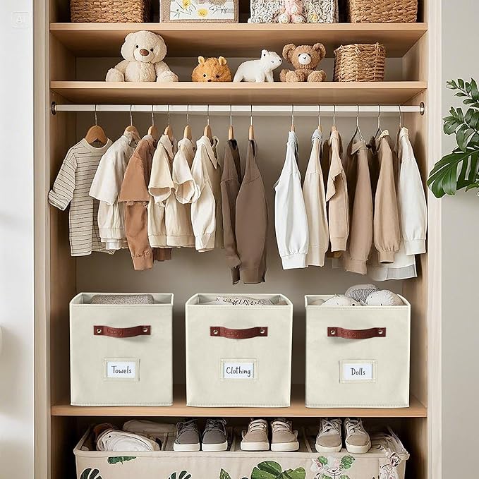 DECOMOMO Storage Bins, Storage Baskets for Shelves | 13" x 15" x 13" Storage Cube Bins with Labels for Organizing Shelves (Kallax, 4pcs, Beige)