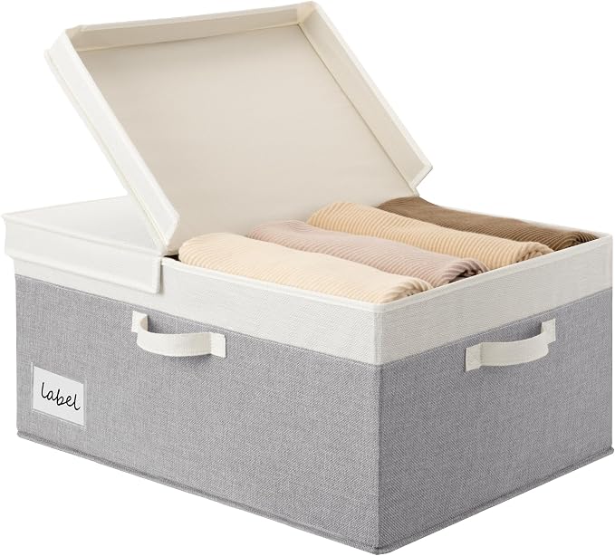GRANNY SAYS Large Storage Bins with Lids, Fabric Closet Storage Bins for Clothes and Blankets, Decorative Storage Basket with Double-Open Lid, 63L, White&Gray, 1-Pack