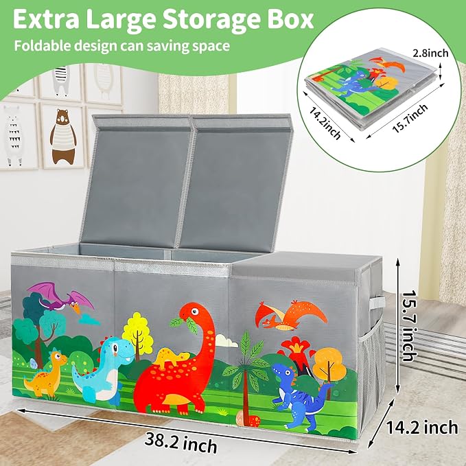 Extra Large Toy Box Chest with Lids Collapsible Storage Organizer for Kids | Dinosaur Toy Bin Box for Toddlers Boys Girls, Organizer for Living Room Nursery Playroom Bedroom Home Grey