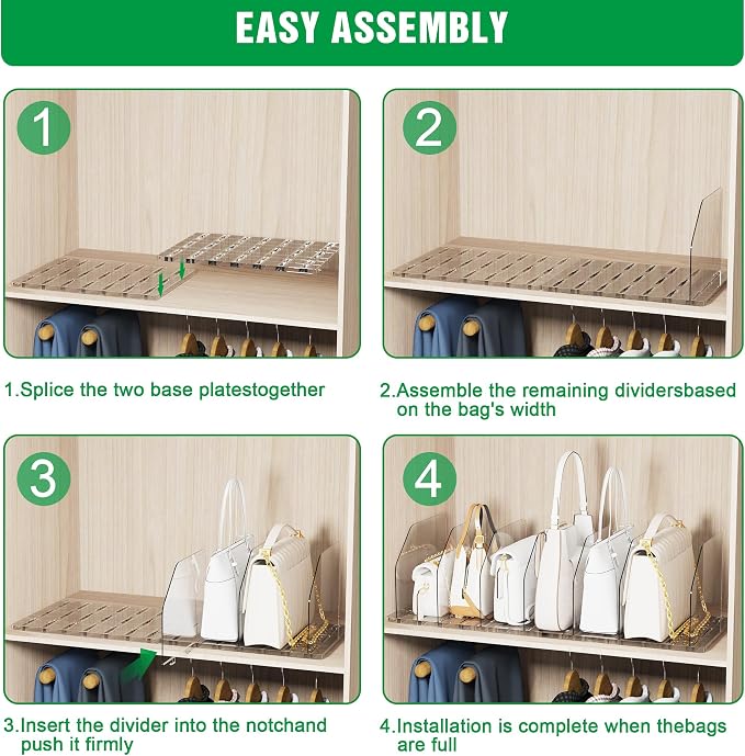 Bag & Purse Organizer for Closet, 2 Sets Adjustable Clear Handbag Storage Shelf, Plastic Clutch Dividers for Closet Organizers and Storage-Keep Purses upright (2 Sets)