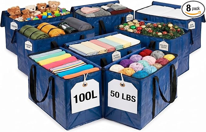 ClearSpace Heavy Duty Moving Bags or Storage Bag – Large Moving Boxes with Backpack Straps, Zippers & Handles – Perfect for Moving, College Dorm, Traveling, Camping, Christmas Decorations, 8 Pack