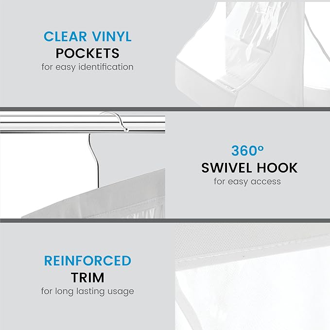 ZOBER Hanging Purse Organizer, Breathable Nonwoven Handbag Organizer, 8 Easy Access Clear Vinyl Pockets, White, 48 L x 12 W